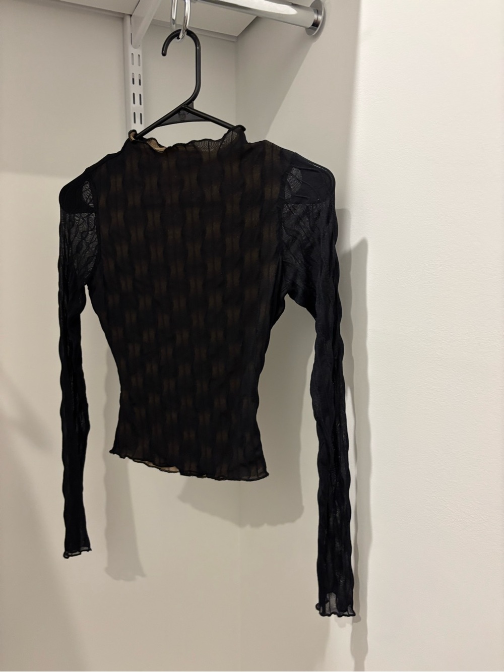 naked wardrobe Sheer Ruffle-Edge Long Sleeve Top in Black